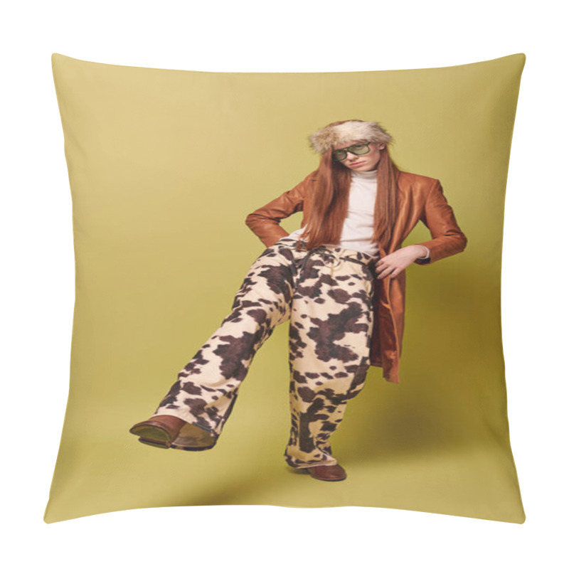 Personality  In A Bright Setting, A Young Man With Long Red Hair Showcases His Emotional Style Through Fashion. Pillow Covers