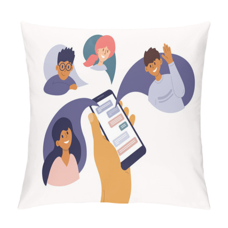 Personality  Group Of People Chatting Online. Mobile App Messenger. Cellphone Screen With Friends Talking By Internet. Using Smartphone For Virtual Meeting With Boy, Girl, Colleague, Relatives. Vector Illustration Pillow Covers