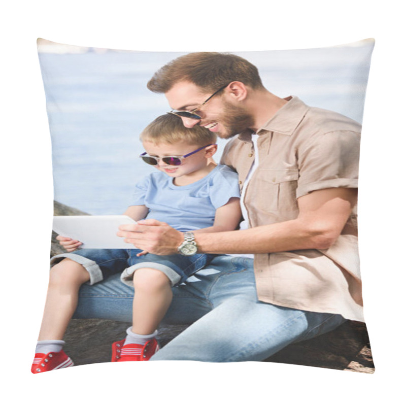 Personality  Father And Son Using Tablet Near River At Park Pillow Covers