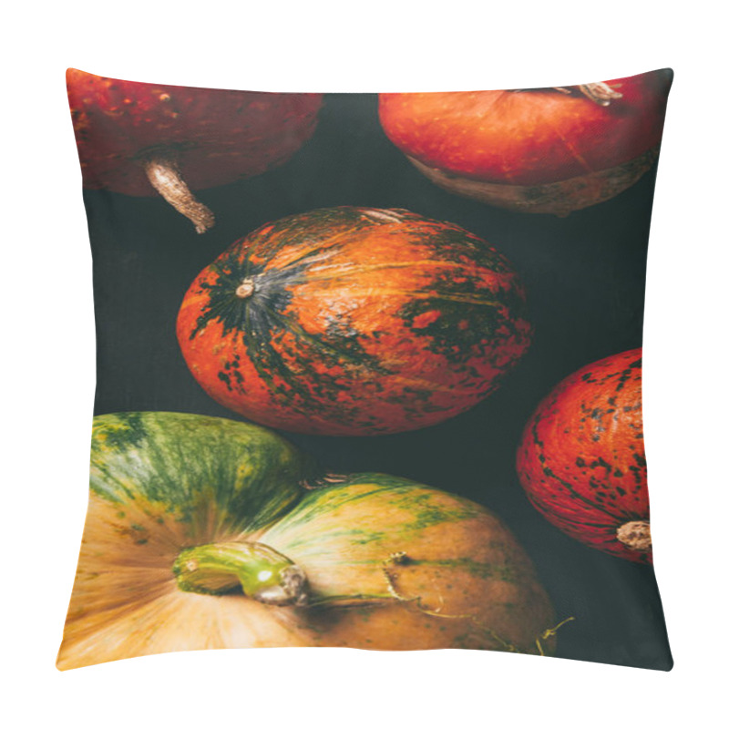 Personality  Top View Of Autumn Pumpkins On Dark Background Pillow Covers