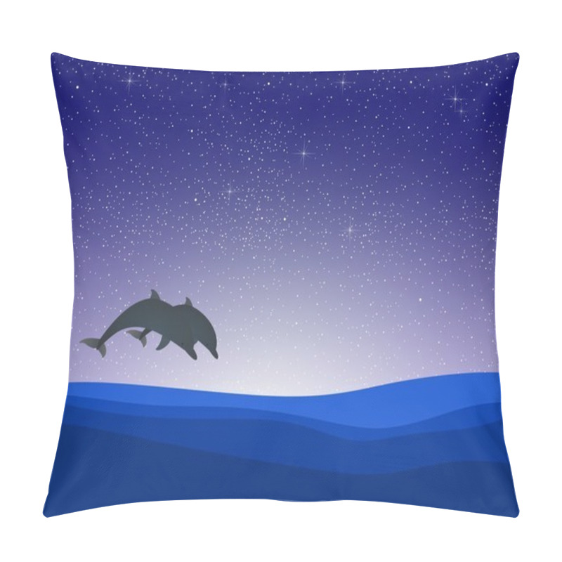 Personality  Night Landscape With Two Jumping Dolphins Above The Waves Sea Level With A Dark Blue Night Sky With Shiny Stars And The Clear Starry Sky Over The Horizon Pillow Covers