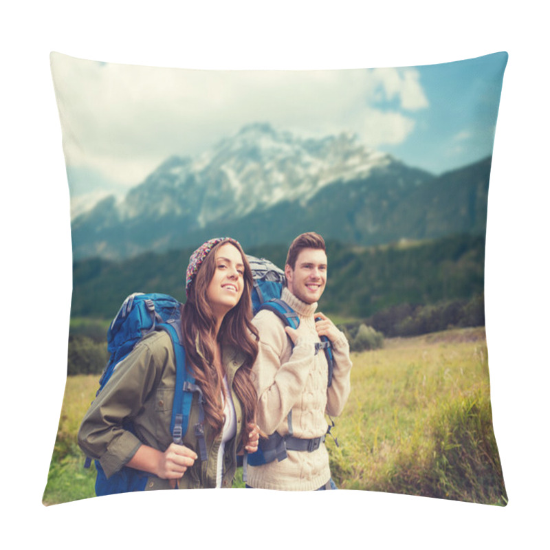 Personality  Smiling Couple With Backpacks Hiking Pillow Covers