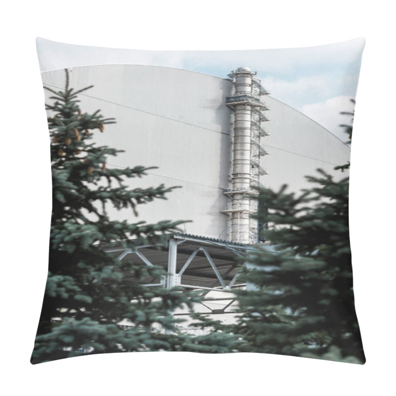 Personality  PRIPYAT, UKRAINE - AUGUST 15, 2019: Selective Focus Of Abandoned Chernobyl Reactor Near Green Pines  Pillow Covers