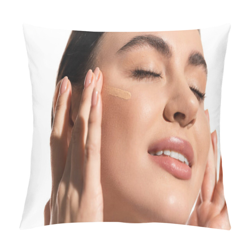 Personality  Happy Young Woman With Soft Skin Applying Makeup Foundation With Fingers Isolated On White  Pillow Covers