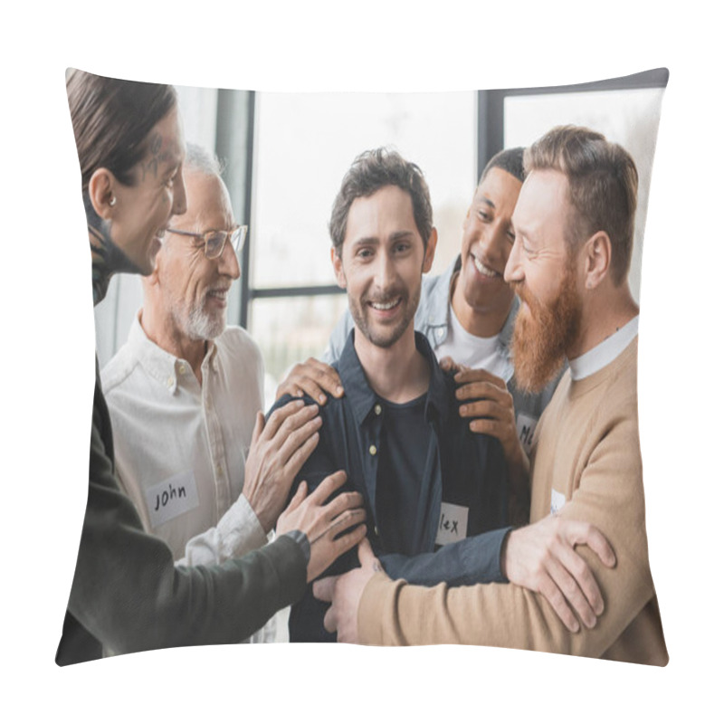 Personality  Multiethnic People Hugging Smiling Man With Alcohol Addiction During Group Therapy In Rehab Center  Pillow Covers