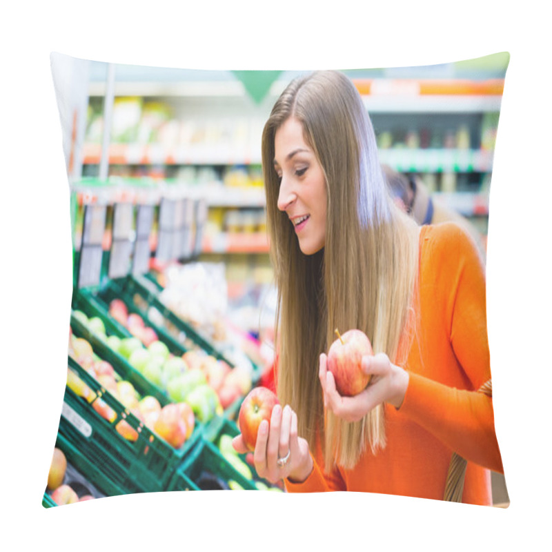 Personality  Woman Selecting Fruits In Supemarket Pillow Covers