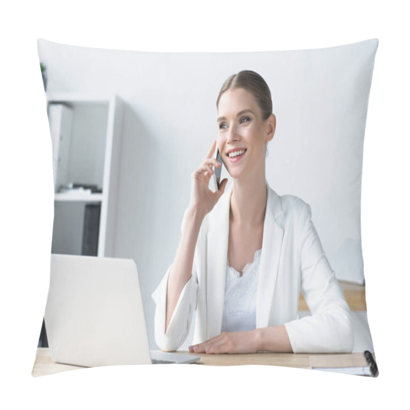 Personality  Happyyoung Businesswoman Talking By Phone At Office Pillow Covers