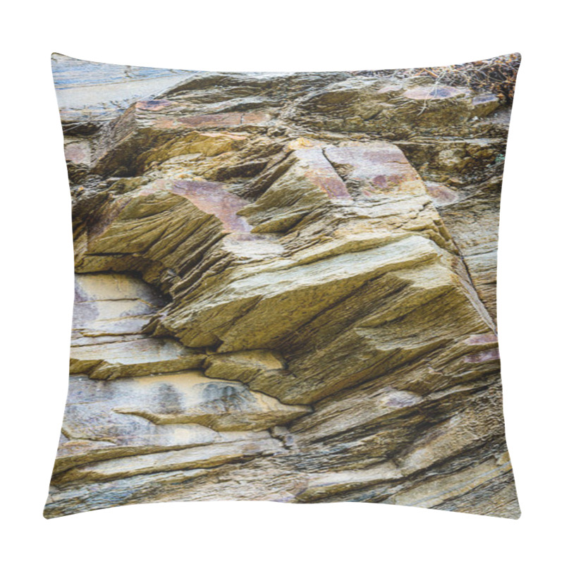 Personality  Nature Force Compressed Cracked Rock Layers Structure Formation Close-up Details, In Various Shapes, Colors, Thicknesses, At North Central Coast Of Crete, Greece. Nature And Geological Science Concept Pillow Covers