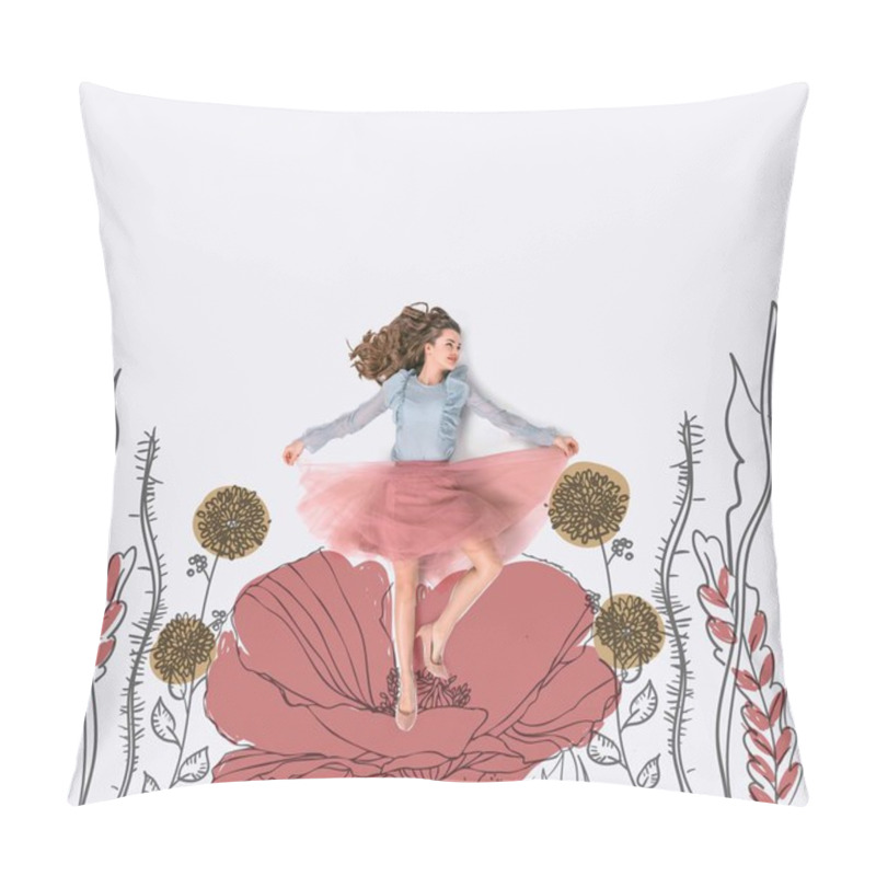 Personality  Creative Hand Drawn Collage With Woman Surrounded With Beautiful Flowers Pillow Covers