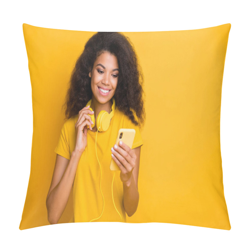 Personality  Close-up Portrait Of Her She Nice Attractive Lovely Cheerful Cheery Wavy-haired Girl Choosing Songs In Playlist Listening Hit Isolated Over Bright Vivid Shine Vibrant Yellow Color Background Pillow Covers