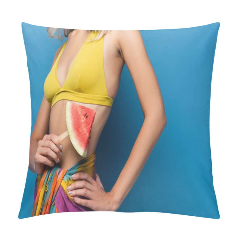 Personality  Partial View Of Young Woman Standing With Hand On Hip And Holding Popsicle Stick With Watermelon On Blue Pillow Covers