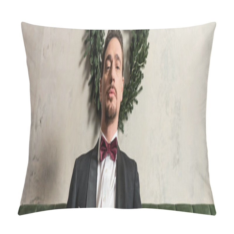 Personality  Wealthy Man With Beard Wearing Tuxedo With Bow Tie Looking At Camera Near Christmas Wreath, Banner Pillow Covers