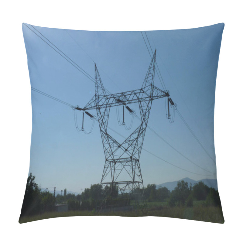 Personality  Electric Pylon Rising Against A Clear Blue Sky: A Symbol Of Industry Interwoven With Nature's Serenity Pillow Covers