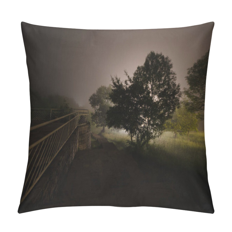 Personality  Beautiful Night Landscape Of Big Full Moon Rising Over The Mountain Road With Hill And Trees. Green Meadow Foggy Night. Mystical Concept Pillow Covers