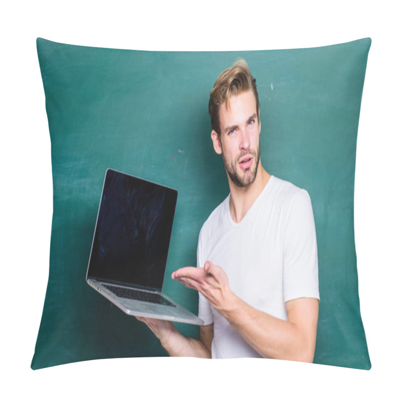 Personality  Digital Technology. Apply Online Course For Programmers. Programming Web Development. Student Learn Programming Language. School Teacher Programming With Laptop. Handsome Man Use Modern Technology Pillow Covers