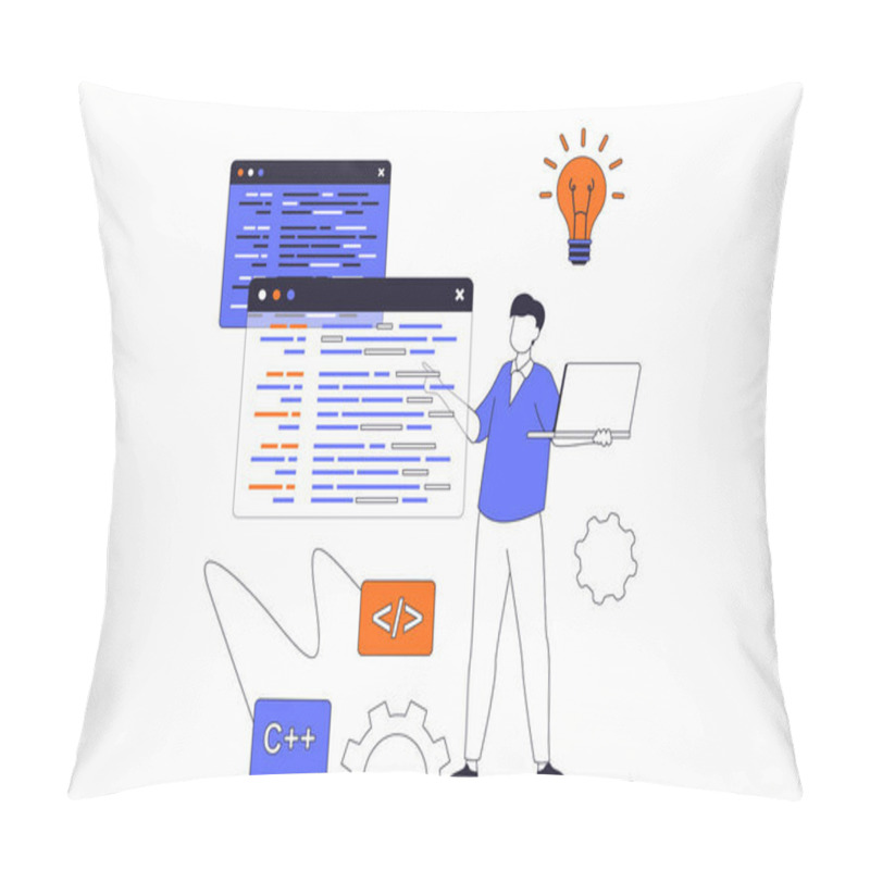 Personality  Programmers Working Concept With People Scene In Flat Outline Design. Man Developer Works With Code On Different Screens, Optimizes And Tests. Vector Illustration With Line Character Situation For Web Pillow Covers