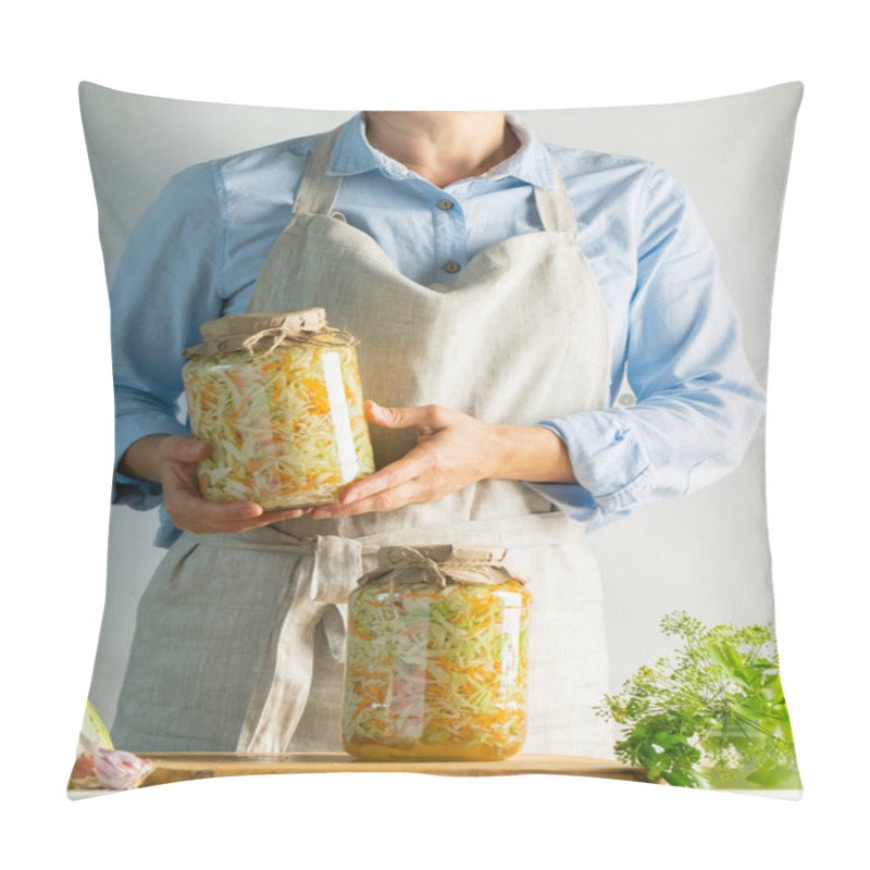 Personality  Fermentation Preservation Sauerkraut In Glass Jars In The Hands Of A Woman Natural Background. Canned Food Concept. Pillow Covers