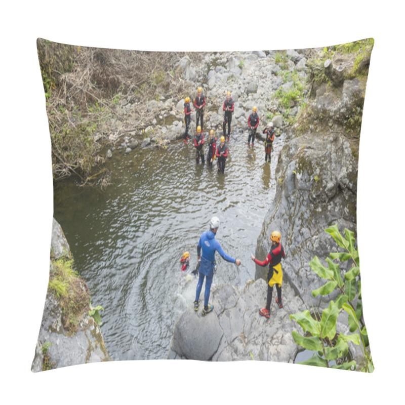 Personality  Sao Miguel Island, Azores - June 26, 2019: Instructor And A Group Of Old And Young People Canyoning Pillow Covers