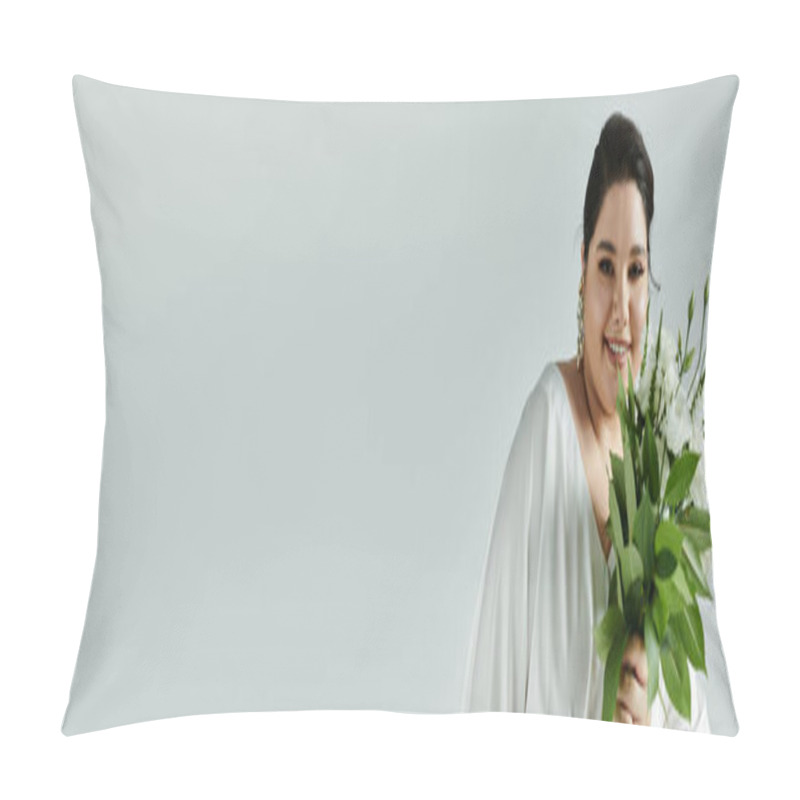 Personality  A Radiant Plus Size Bride Smiles While Holding A Bouquet Against A Sleek Grey Backdrop. Pillow Covers