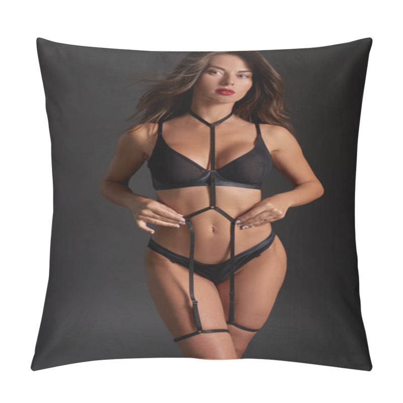 Personality  Beautiful Woman In Underwear And Leather Bandage. Sexy Body Girl Weared Swordbelt Posing Against Dark Grey Background. Pillow Covers