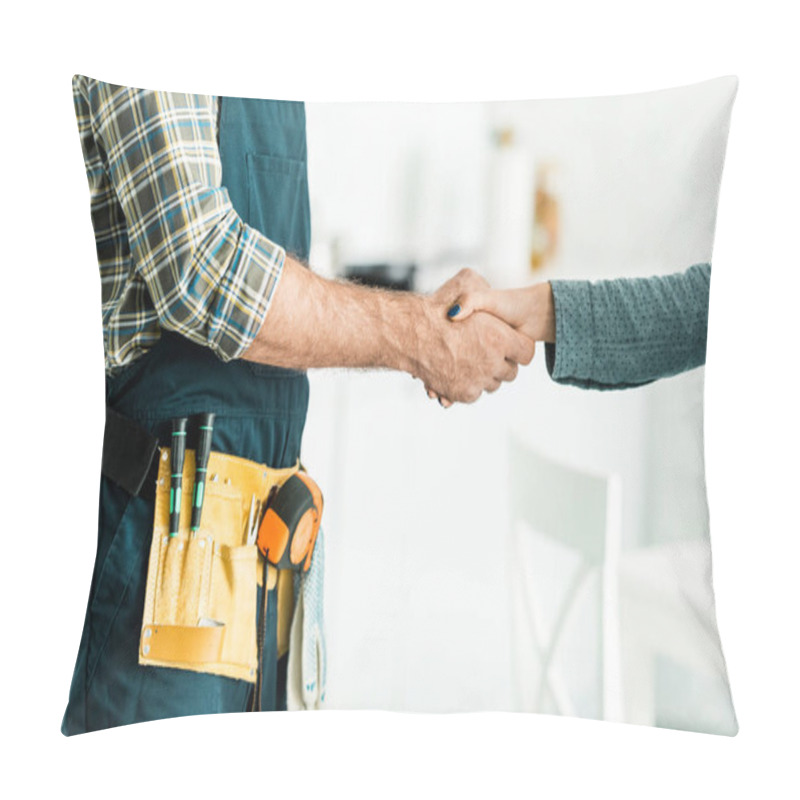 Personality  Cropped Image Of Plumber And Client Shaking Hands In Kitchen Pillow Covers