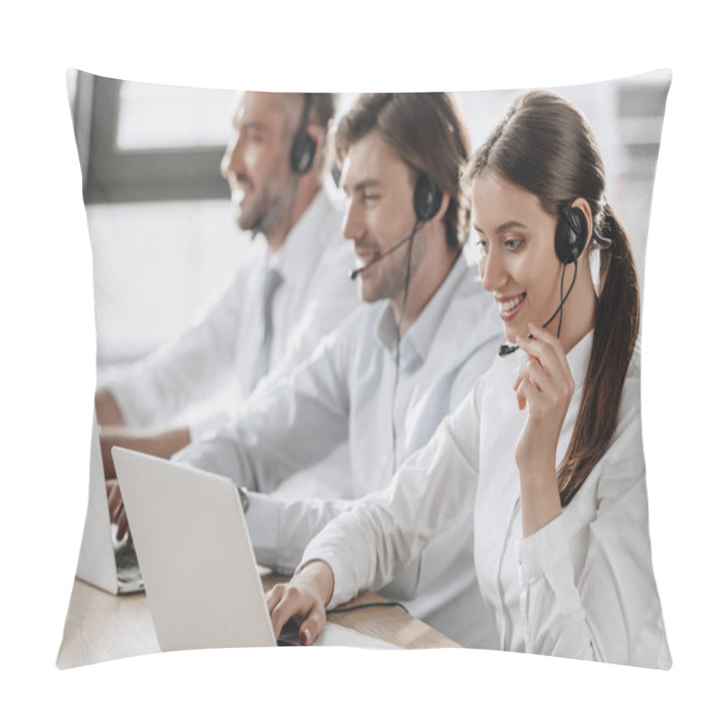 Personality  Smiling Call Center Managers In White Shirts Working Together While Sitting In Row At Modern Office Pillow Covers