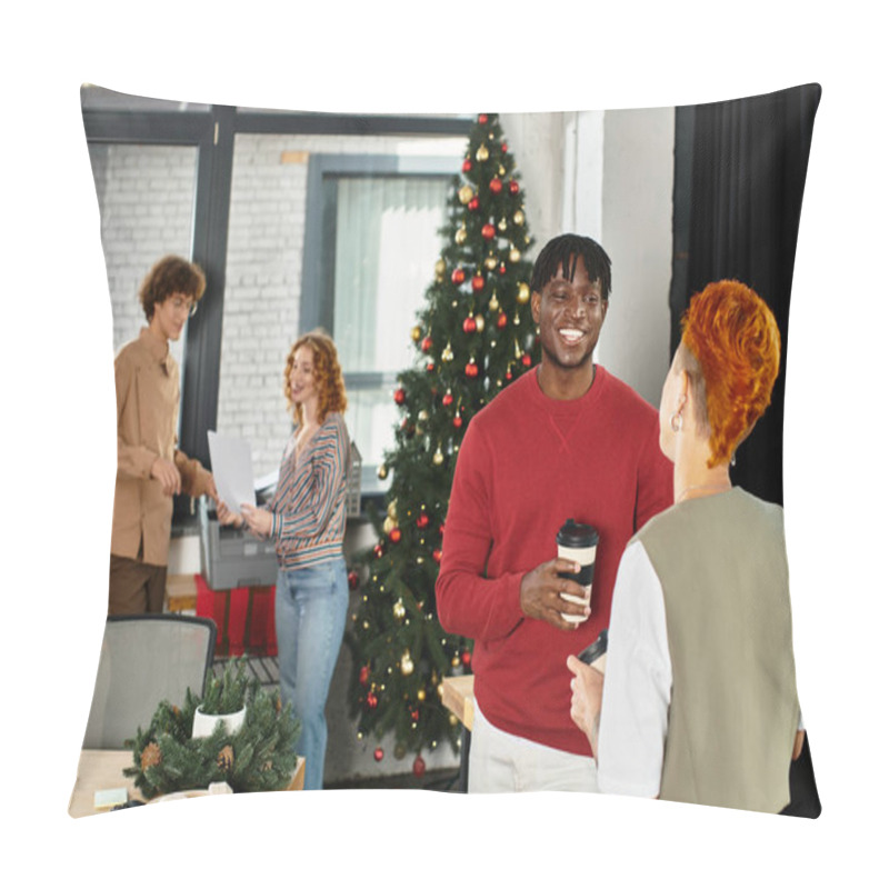 Personality  Festive Colleagues Enjoy The Holiday Spirit While Sharing Smiles And Drinks At Work. Pillow Covers