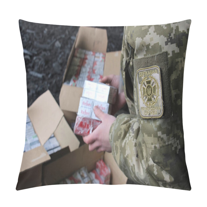 Personality  The Border Guard In Camouflage Uniforms Puts Smuggled Cigarettes Pillow Covers