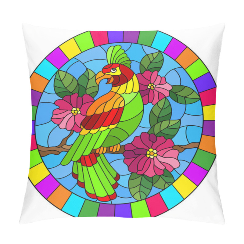 Personality  Illustration In The Style Of Stained Glass With A Beautiful  Parakeet Sitting On A Branch Of A Blossoming Tree On A Background Of Leaves And Sky Pillow Covers