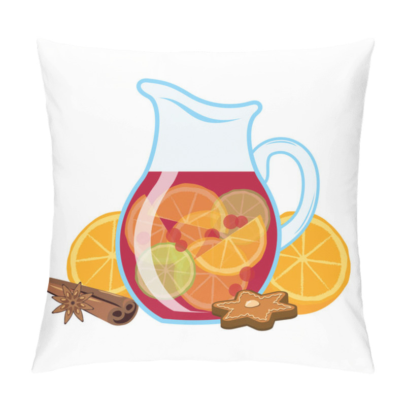 Personality  Christmas Red Punch In A Jug Icon Vector. Christmas Punch With Oranges Fruits And Cinnamon Spices Vector. Delicious Christmas Punch In A Glass Pitcher Icon Isolated On A White Background Pillow Covers