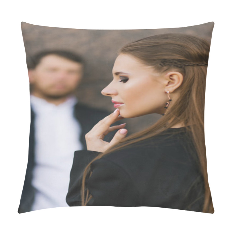 Personality  Stylish Photo Of A Couple In Love. Valentine's Day. Portrait Of A Girl On The Background Of Her Man Pillow Covers