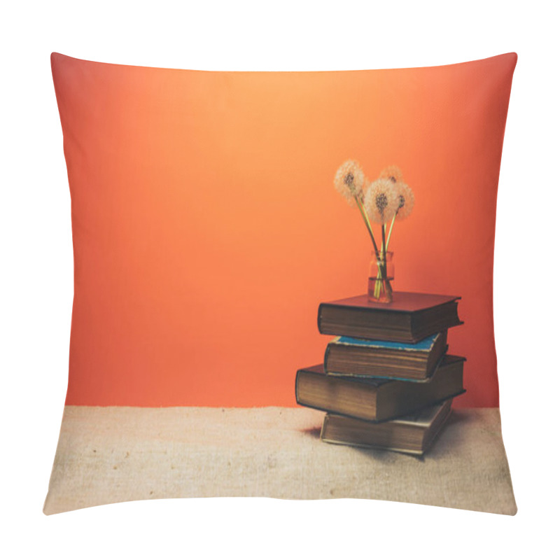 Personality  Beautiful Five Danelion In Glass Vase On A Old Books And Coral Orange Background. Pillow Covers