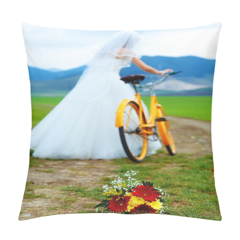 Personality  Bride On Orange Bike In Beautiful Wedding Dress With Lace In Landscape. With Wedding Bouquet. Wedding Concept. Pillow Covers