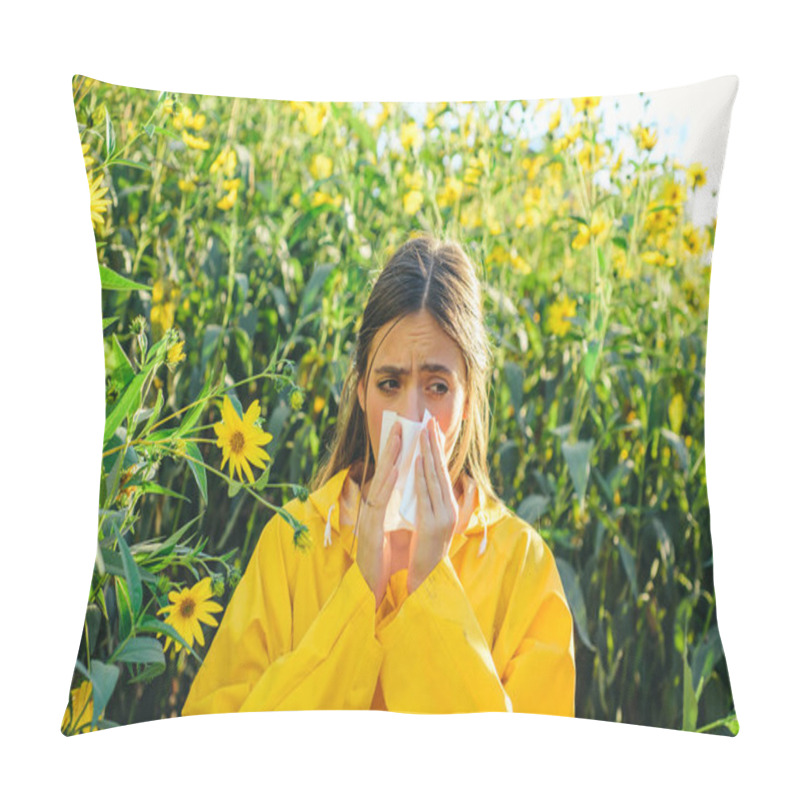 Personality  Beautiful Sexy Young Woman Lies On Flowers Background. Young Girl Sneezing And Holding Paper Tissue In One Hand And Flower Bouquet In Other. Flu. Pillow Covers