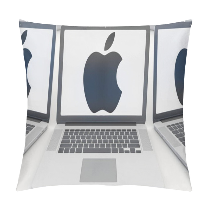 Personality  Laptops With Apple Inc. Logo On The Screen. Modern Office Building Entrance. Computer Technology Conceptual Editorial 3D Rendering Pillow Covers