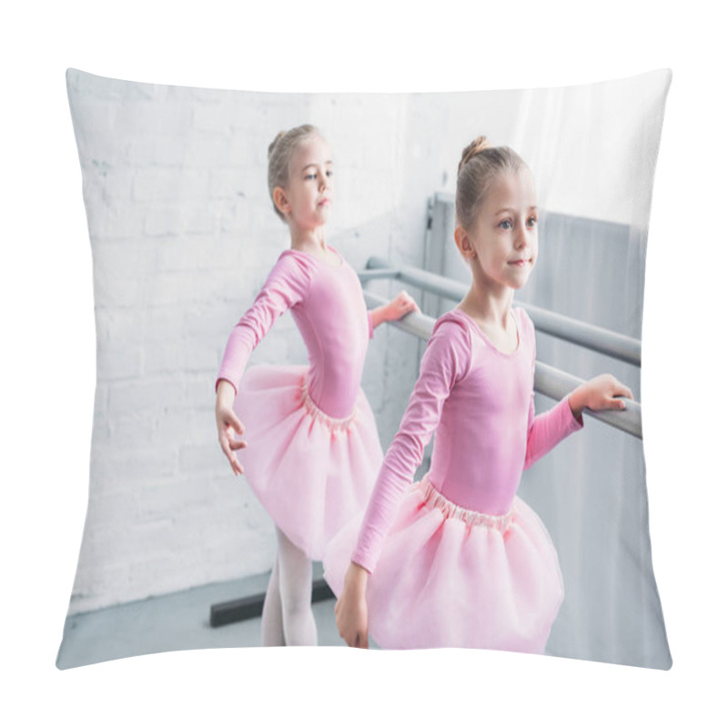 Personality  Beautiful Little Kids In Pink Tutu Skirts Practicing Ballet And Looking Away In Ballet Studio Pillow Covers