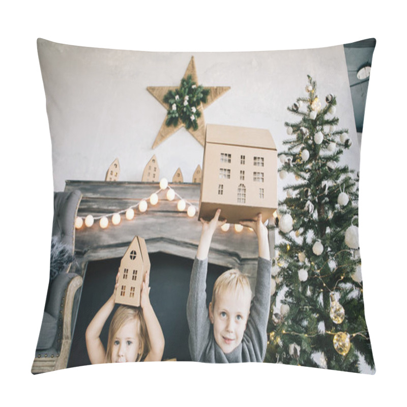 Personality  Children - A Boy And A Girl Are Sitting By The Fireplace, A New Year Tree, Playing With Cardboard Houses, A Cozy Christmas Decor And Children's Emotions Pillow Covers