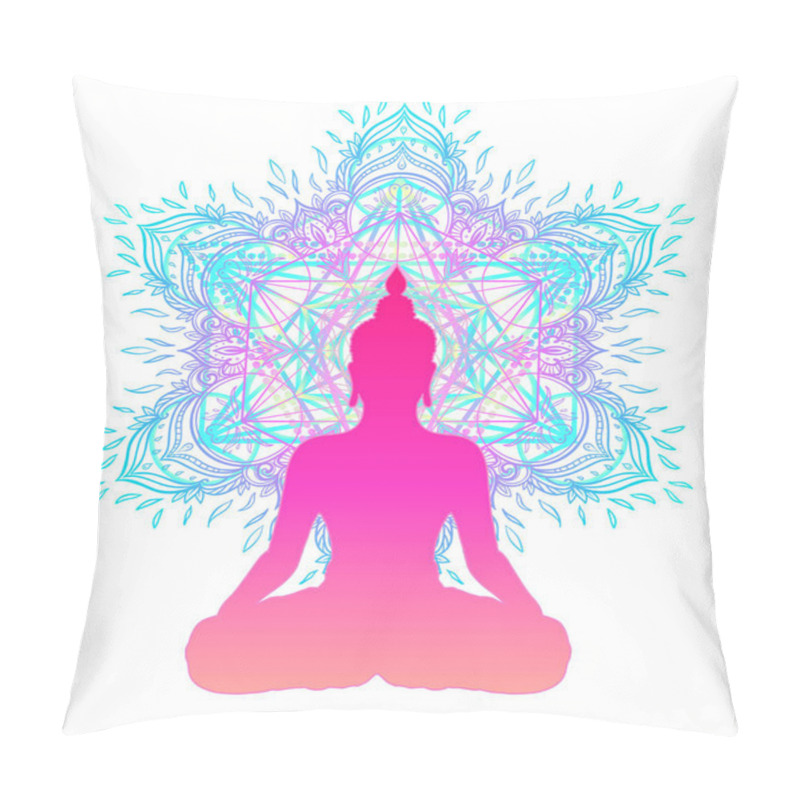 Personality  Chakra Concept. Inner Love, Light And Peace.  Buddha Silhouette In Lotus Position Over Colorful Ornate Mandala. Vector Illustration Isolated. Buddhism Esoteric Motifs. Tattoo, Spiritual Yoga. Pillow Covers