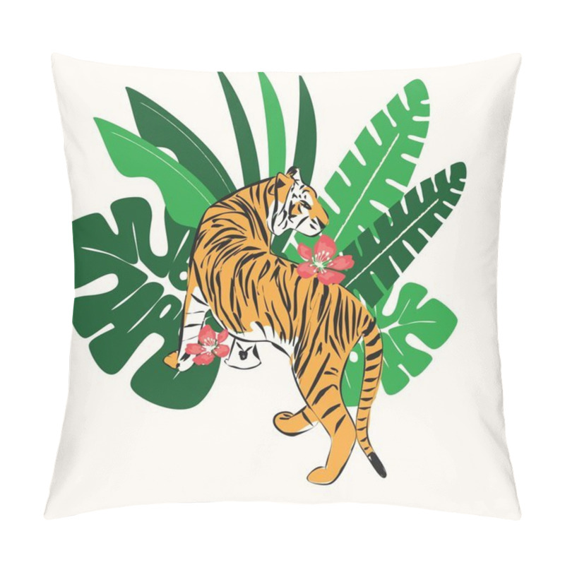 Personality  Hand Drawn Tiger With Exotic Tropical Leaves, Flat Vector Illustration Pillow Covers