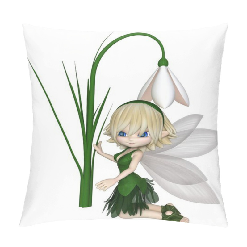 Personality  Cute Toon Blonde Snowdrop Fairy In A Green Leafy Dress Kneeling By A Spring Snowdrop Flower, 3d Digitally Rendered Illustration Pillow Covers