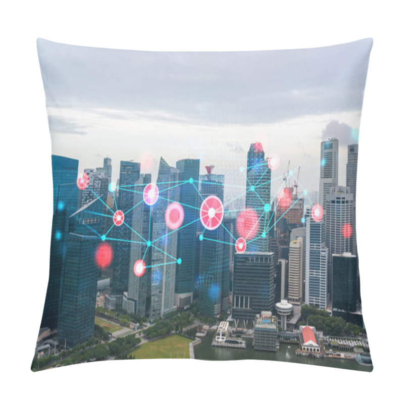 Personality  Abstract Technology Icons Hologram Over Panorama City View Of Singapore, Asia. The Concept Of People Networking And Connections. Double Exposure. Pillow Covers