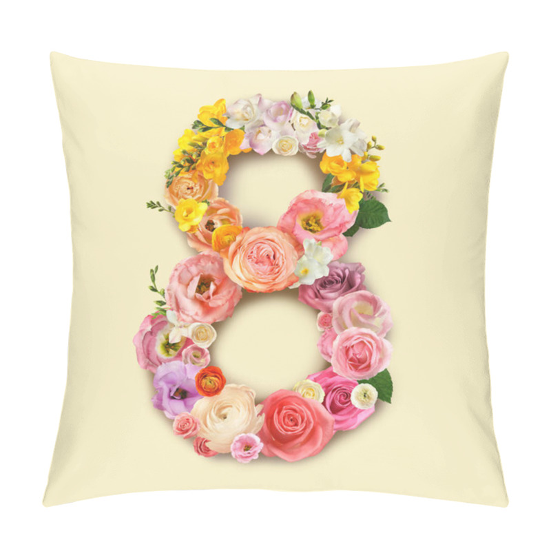 Personality  International Women's Day. Number 8 Made Of Beautiful Flowers On Pale Yellow Background, Top View Pillow Covers