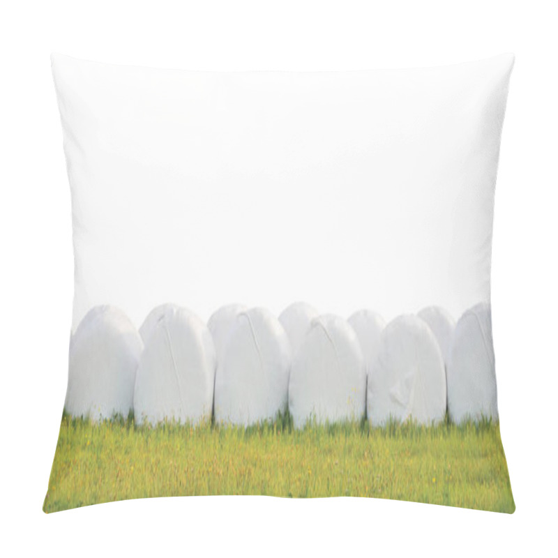 Personality  Wrapped Stacked Silage Bales Row, Isolated Round White Plastic Film Hay Rolls, Haylage Stack Rows Panorama, Horizontal Grassland Closeup, Green Summer Meadow Grass, Baling Concept, Panoramic Rural Scene Pillow Covers