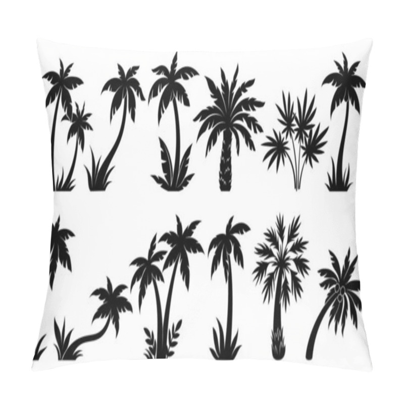 Personality  Palm Trees Silhouette Set. Black Exotic Plants Of Different Shapes. Banana Or Coconut Tropical Trees. Wild Flora In Africa And Jungle. Hand Drawn Vector Collection Isolated On White Background Pillow Covers