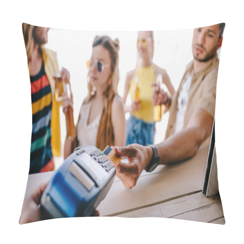 Personality  Cropped Shot Of Young Man Paying With Credit Card And Payment Terminal At Beach Bar Pillow Covers