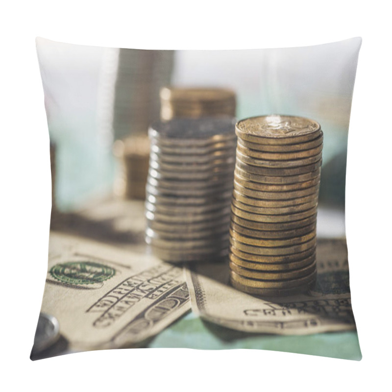 Personality  Selective Focus Of Coins Stacks On Dollars Banknotes With Blurred Background Pillow Covers