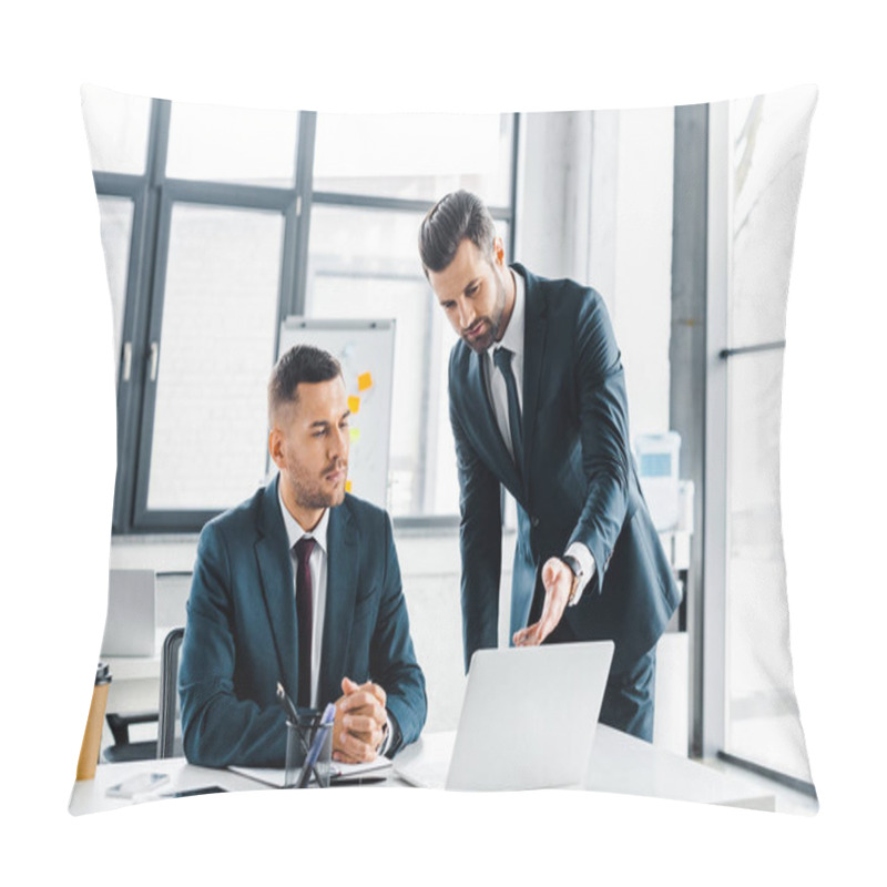 Personality  Handsome Businessman Showing Something On Laptop Near Coworker  Pillow Covers