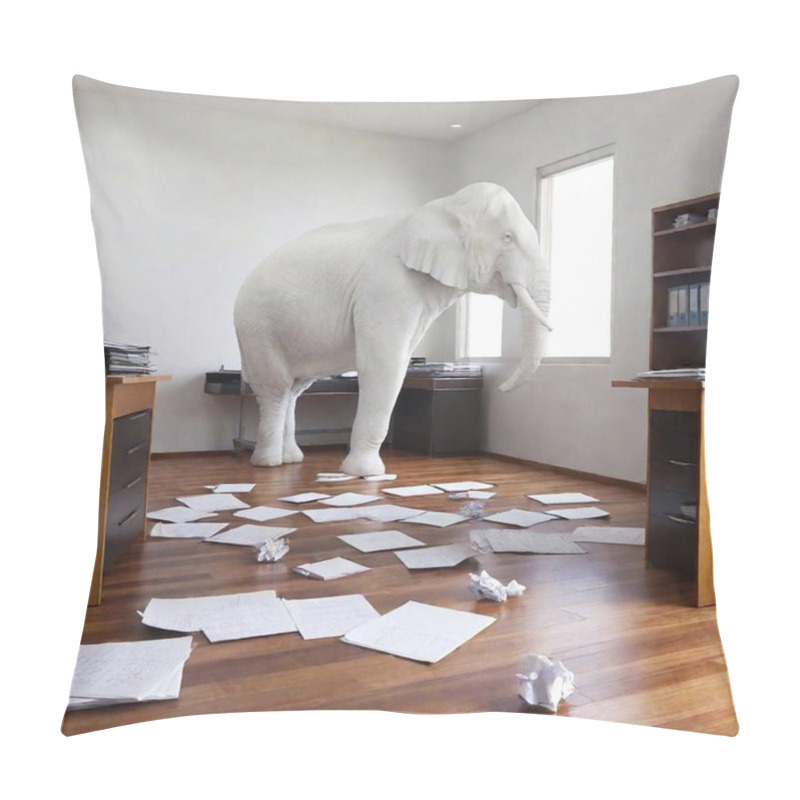 Personality  3 D Rendering. A Giant Elephant In The Office. Pillow Covers