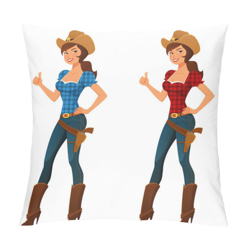 Personality  Beautiful Cowgirl Wearing Jeans, Smiling And Giving Thumbs Up. Attractive Pin-up Girl In Cowboy Hat. Retro Style Illustration Of A Rancher Or Rodeo Woman. Pillow Covers