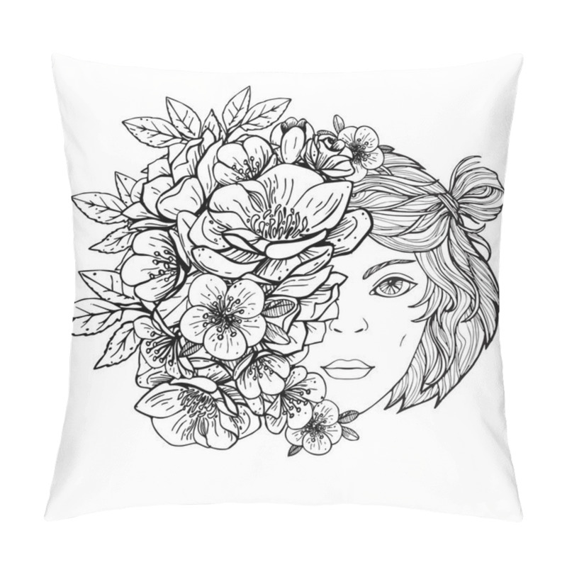 Personality  Black And White Drawing Of The Girls Face And Flowers. Pillow Covers